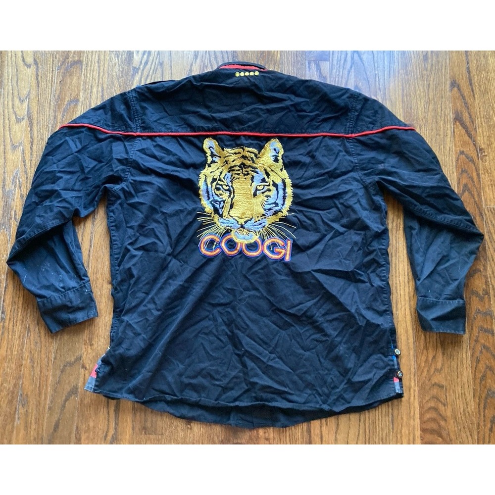VTG Coogi Military Tiger Shirt Mens Size XL Button Up Long Sleeve Black Y2K